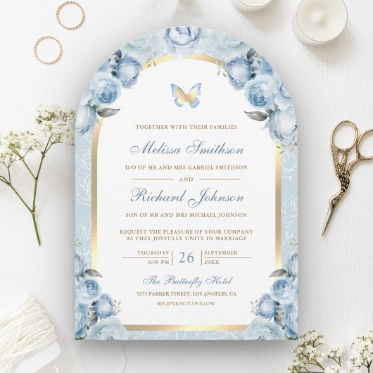Invitation Douce Fleur Bleue Or Arche Papillon Mariage