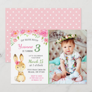 Invitation Douce Fleur de Lapin Rose Fille Anniversaire Photo