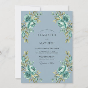 Invitation Douce Fleur Mariage Bleu Poussiéreux