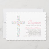 Invitation Douce Fleur Rose Croix Baptême Bébé Fille (Devant)