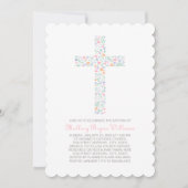 Invitation Douce Fleur Rose Croix Baptême Fille (Devant)