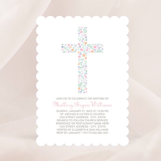 Invitation Douce Fleur Rose Croix Baptême Fille