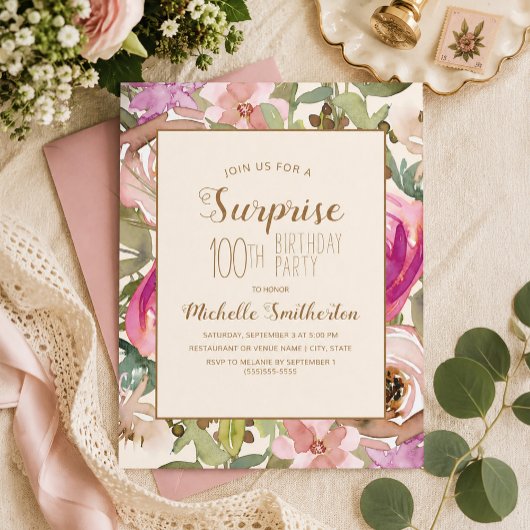 Invitation Douce Fleur Rose Violet Surprise 100e Anniversaire