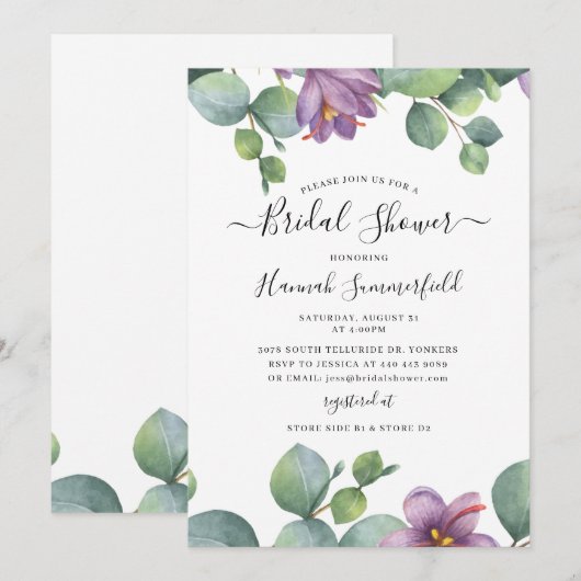 Invitation Douce Fleurie de Mariage au Eucalyptus (Devant / Derrière)