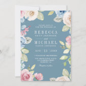 Invitation Douce Florale Printanière Bleu Poussiéreux Code QR (Devant)
