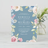 Invitation Douce Florale Printanière Bleu Poussiéreux Code QR (Debout devant)