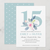 INVITATION DOUCE FLURALE BLEUE ROSE 15ÈME ANNIVERSAIRE TOUTE (Devant / Derrière)