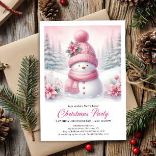 Invitation Douce Forêt Enneigée Bonhomme de Neige Rose Noël E
