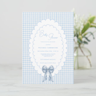 Invitation Douce Gingham Blanc Bleu Vintage Baby Shower1