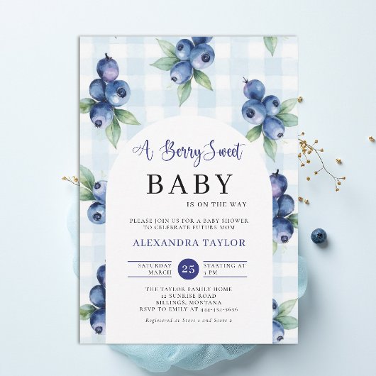 Invitation Douce Gingham Bleu Fête de Naissance de Garçon au