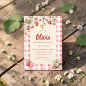 Invitation Douce gingham floral fraise pour un premier annive