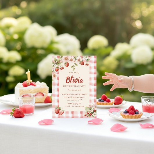 Invitation Douce gingham floral fraise pour un premier annive