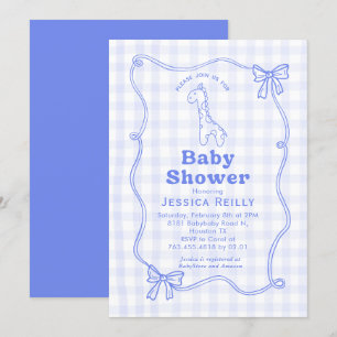 Invitation Douce girafe à carreaux et noeud élégant pour Baby