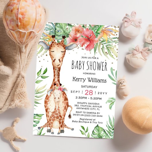 Invitation Douce girafe & Fille de verdure tropicale Shower b