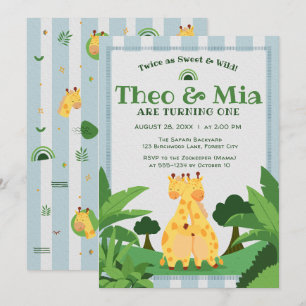 Invitation Douce Girafe Sauvage Jumelles Safari 1er 5e Annive