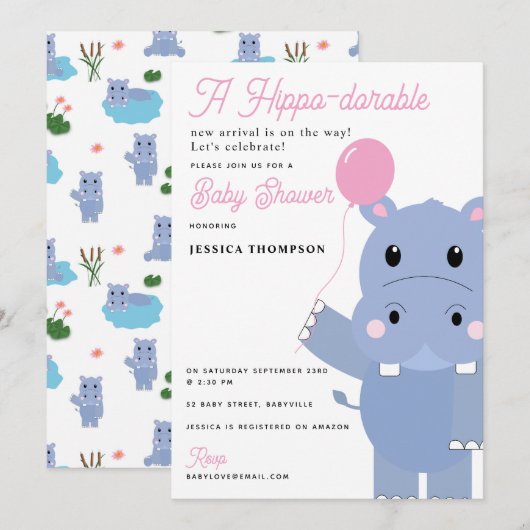 Invitation Douce Hippopotame Fête de Bébé Hippo-dorable (Devant / Derrière)