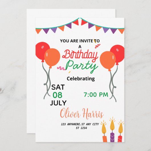 Invitation Douce Illustarion d'anniversaire (Devant / Derrière)