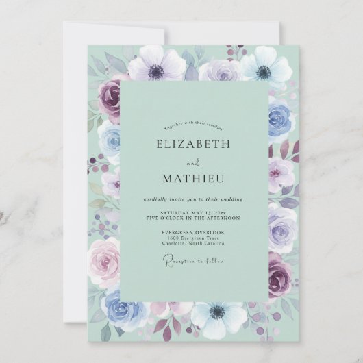 Invitation Douce Mariage Anémone Améthyste Seafoam (Devant)