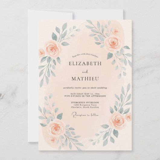 Invitation Douce Mariage aux Feuilles de Slate Pêche (Devant)
