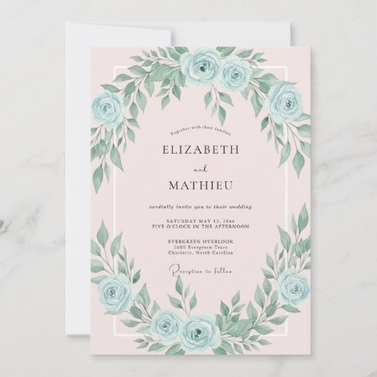 Invitation Douce Mariage Azur Feuillu Rose (Devant)