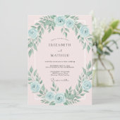 Invitation Douce Mariage Azur Feuillu Rose (Debout devant)