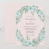 Invitation Douce Mariage Azur Feuillu Rose (Devant / Derrière)