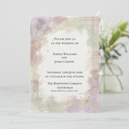Invitation Douce Mariage Écossais Thistle & Fleur Sauvage Lav (Debout devant)