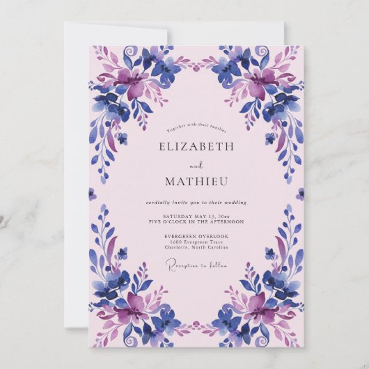 Invitation Douce Mariage Fleur Violette de Pervenche (Devant)