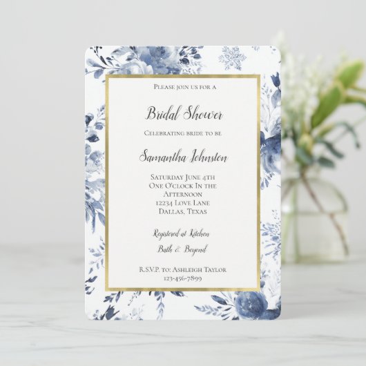 Invitation Douce Mariage Fleurie Bleu Blanc (Debout devant)