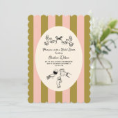 Invitation Douce Mariage Illustré Vert Rose Rayé (Debout devant)