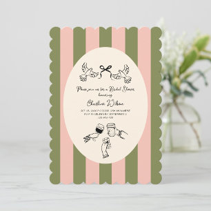 Invitation Douce Mariage Illustré Vert Rose Rayé