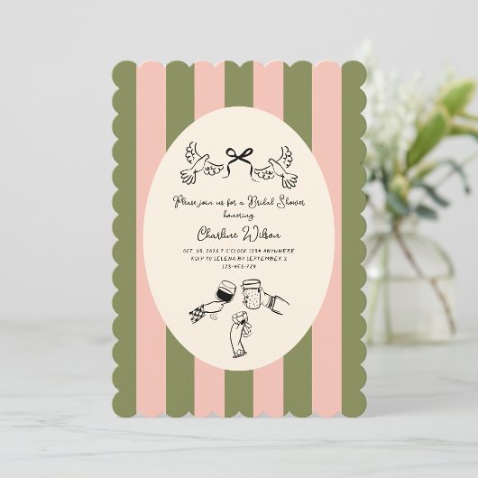Invitation Douce Mariage Illustré Vert Rose Rayé
