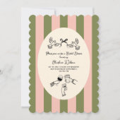 Invitation Douce Mariage Illustré Vert Rose Rayé (Devant)