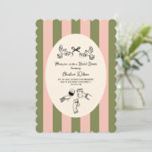 Invitation Douce Mariage Illustré Vert Rose Rayé (Debout devant)