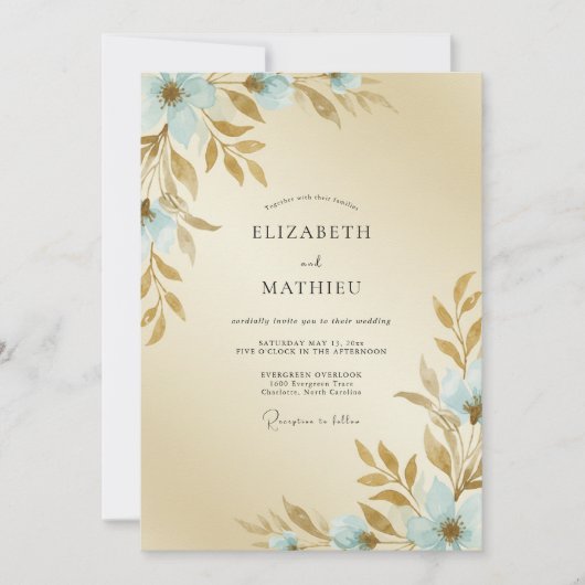Invitation Douce Mariage Peint Aqua Champagne (Devant)