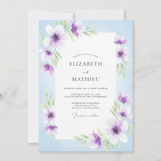 Invitation Douce Mariage Pétale de Pervenche Lavande (Devant)