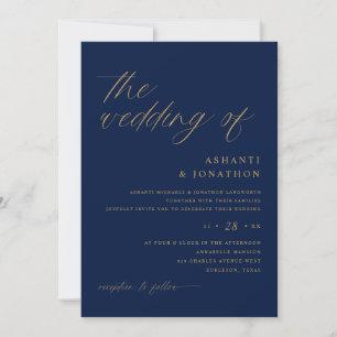 Invitation Douce Mariage Romantique Navy et Or Tout en Un