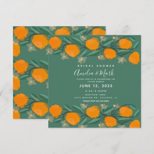Invitation Douce Mariée Abstrait Botanique Orange Dessinée à (Devant / Derrière)