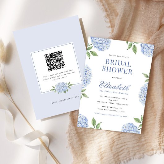 Invitation Douce Mariée Bleu Classique Hydrangea, Code QR