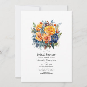 Invitation Douce Mariée Fleurie Bleue, Orange, Jaune et Rouge