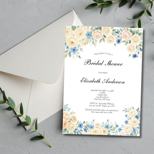 Invitation Douce Mariée Fleurs Rose Crème Bleue