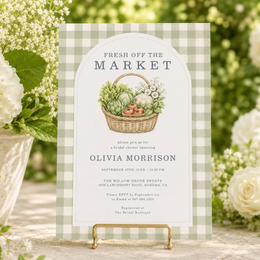 Invitation Douce Mariée Fraîche du Marché avec Gingham Sauge