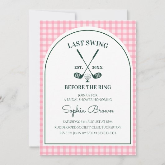Invitation Douce Mariée Rose Gingham Vert Arche Golf (Devant)