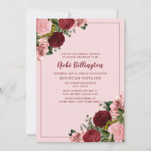Invitation Douce Mariée Rustique Bourgogne Rose Florale (Devant)