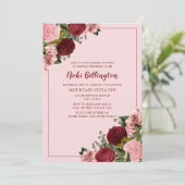 Invitation Douce Mariée Rustique Bourgogne Rose Florale (Debout devant)