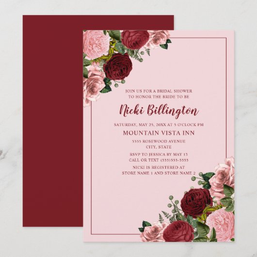 Invitation Douce Mariée Rustique Bourgogne Rose Florale (Devant / Derrière)