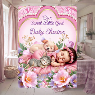 Invitation Douce Mignonne Fille Rose Bébé Shower Chiot Chat