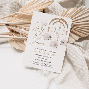 Invitation Douce Mobile Fête de Naissance Moutons Rose Bohème