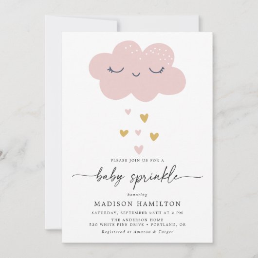 Invitation Douce Nuage et Cœurs Baby Sprinkle Rose et Or (Devant)