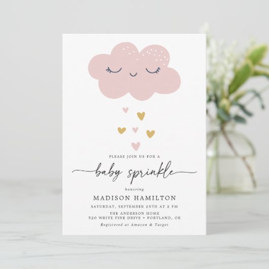 Invitation Douce Nuage et Cœurs Baby Sprinkle Rose et Or (Debout devant)